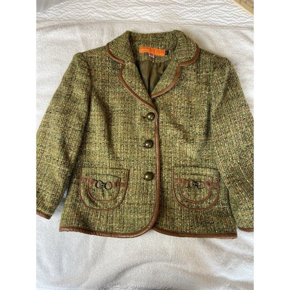 Cynthia Steffe Vintage Women tweed Blazer green lined Made USA lined SZ M